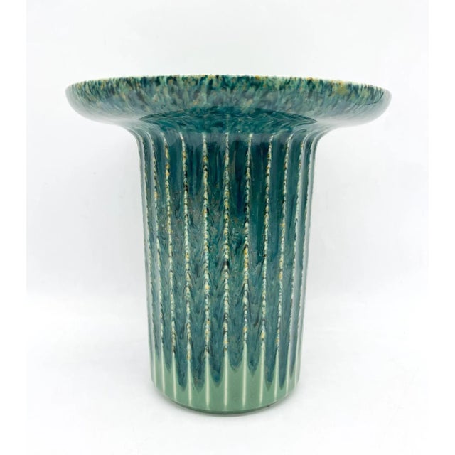 Mid Century Modern Ribbed Green-Blue Vase For Sale - Image 11 of 12