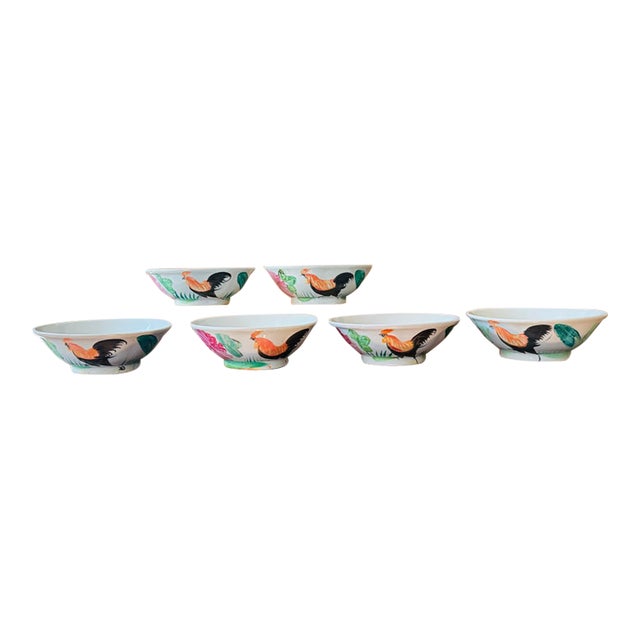 Vintage Chinese Hand-Painted Rooster Bowls - Set of 6 For Sale