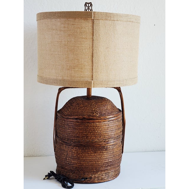 Vintage Chinese Rattan Woven Basket Table Lamp For Sale - Image 4 of 15