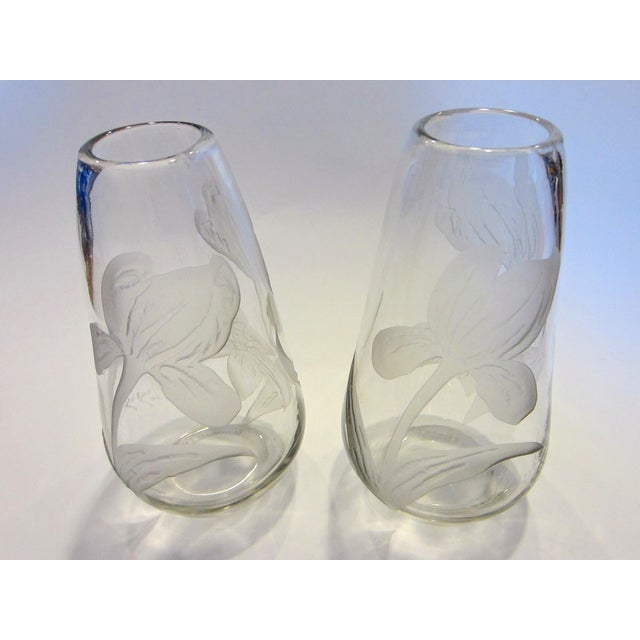 Two Identical glass vases, depicts etched frosted cameo tulips, with Legras signatures, made in France on the bases....