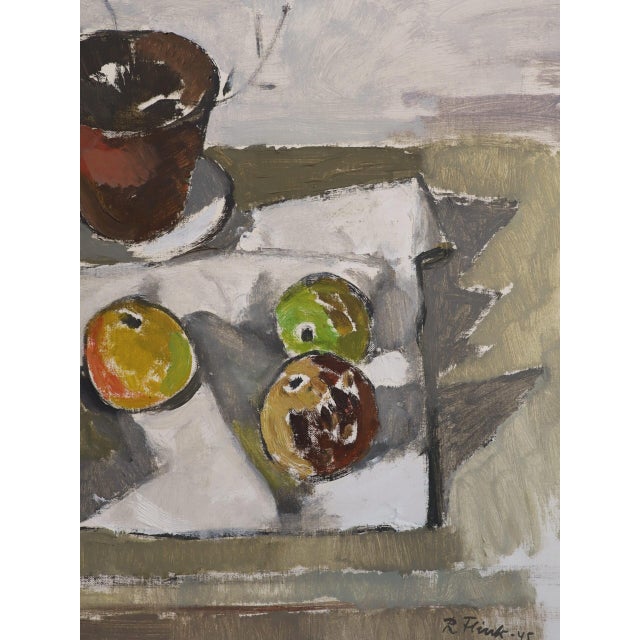 1945 Mid-Century Modern 'Citrus & Pot' Vintage Swedish Expressive Still Life Swedish Oil Painting, Framed For Sale - Image 11 of 13