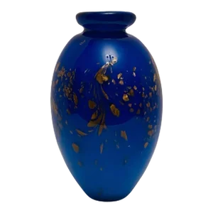 Vintage Murano Cobalt Blue & Gold Spun Hand Blown Art Glass Vase