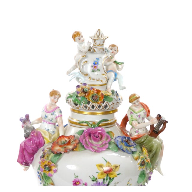Metal 19th Century Meissen Rococo Style Flower-Encrusted Covered Urns From Germany For Sale - Image 7 of 13