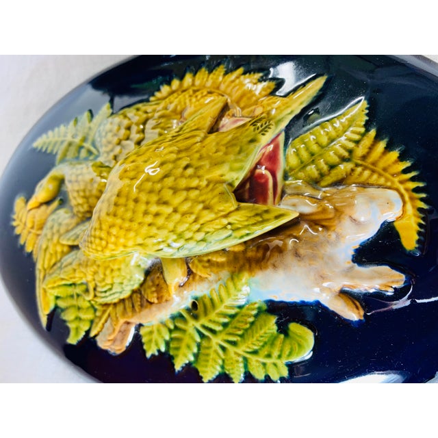 Mid 19th Century Antique Majolica Cobalt Blue Rabbit and Game Bird Tureen Dish With Lid by