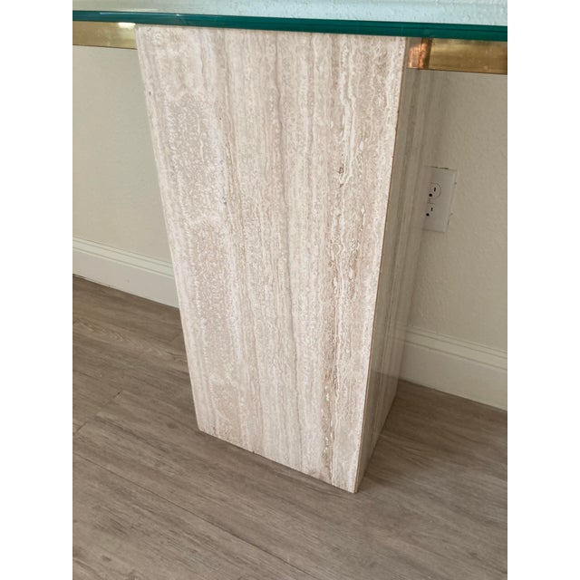 1970s 1970's Italian Travertine Pedestal Base and Glass Top Console For Sale - Image 5 of 10
