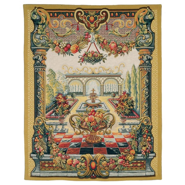 An ornamental tapestry in the Renaissance style, taken from a fresco over a fireplace at the Chateau de Fontainebleau,...