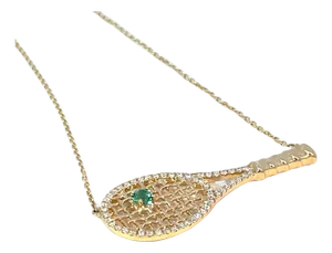 14k Yellow Gold Diamond Studded Badminton Racket Pendant Necklace