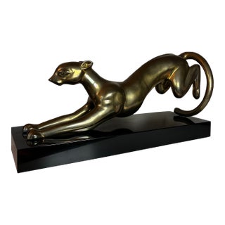 Vintage 1987 Solid Brass Panther Sculpture on Black Base – 23” Long, 14.8 LBS For Sale