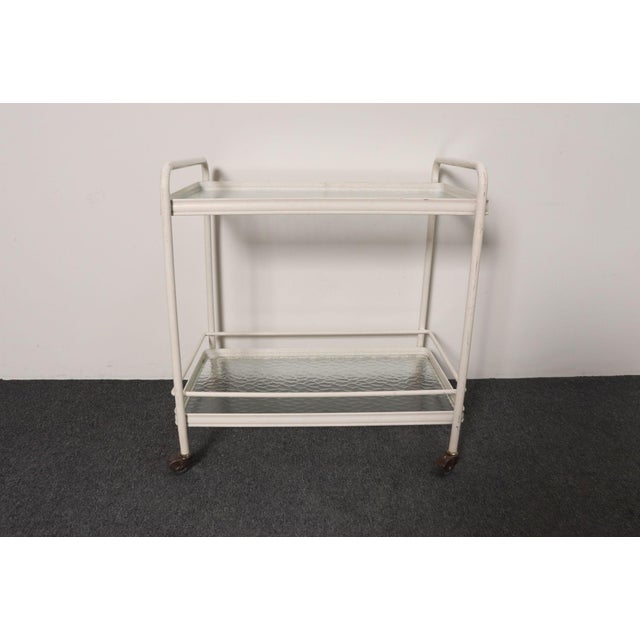 Brown Jordan Vintage Tamiami Two Tier Glass and White Enamel Metal Bar Cart by Brown Jordan For Sale - Image 4 of 16