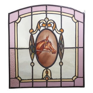Art Deco Stained Glass Window Panel with Hand-Painted Horse Medallion, 1920 For Sale
