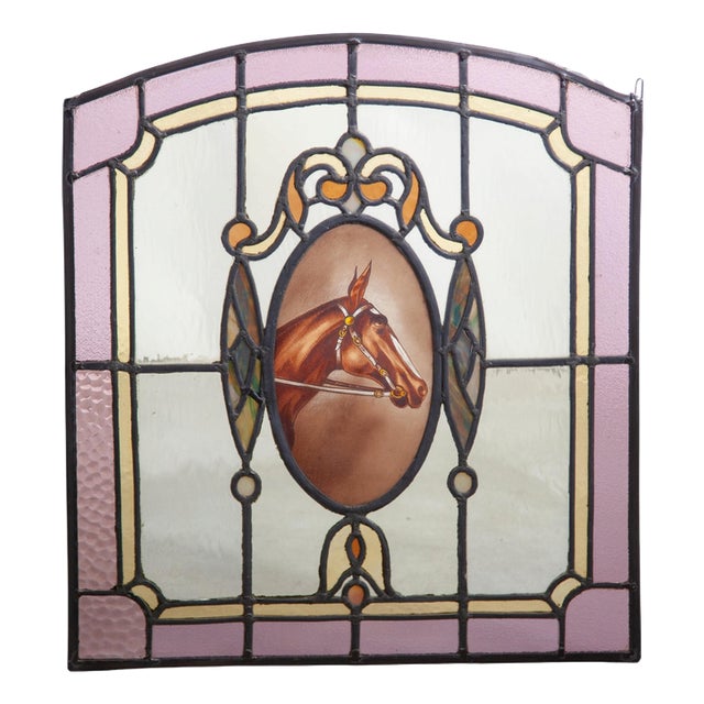 Art Deco Stained Glass Window Panel with Hand-Painted Horse Medallion, 1920 For Sale