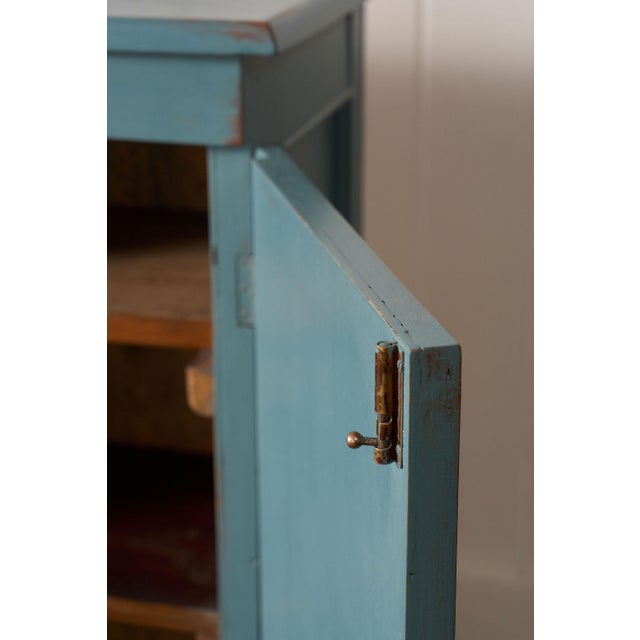 Antique English Pine Blue Painted Cabinet With Interior Shelves + Scalloped Apron For Sale - Image 9 of 10