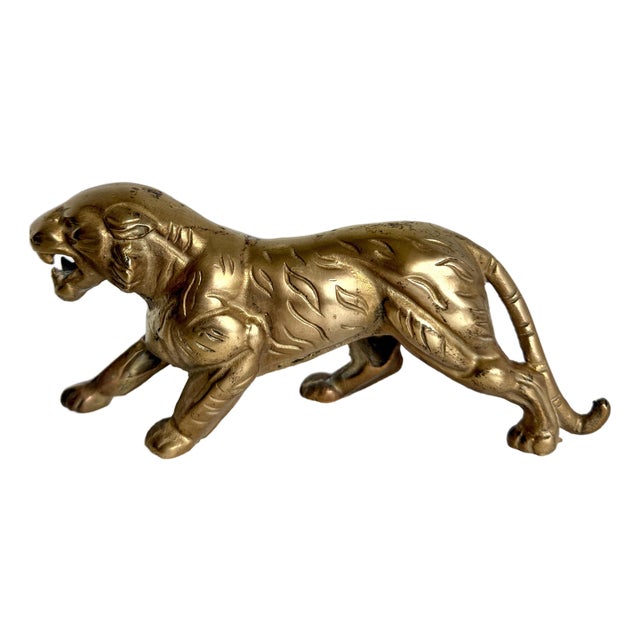 Vintage Solid Brass Tiger Sculpture Hollywood Regency Animal Figure For Sale