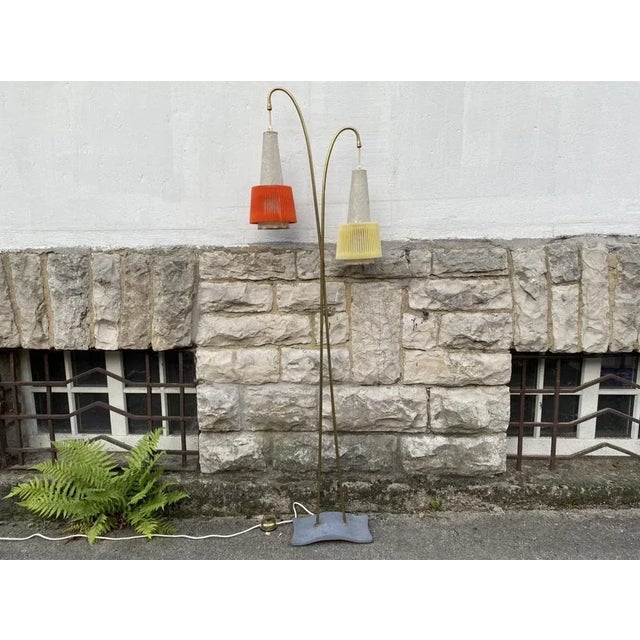 Mid-Century Brass Floor Lamp with Pleated Shades, 1950s, in Good conditions. Designed 1950 to 1959 European Plug (up to...