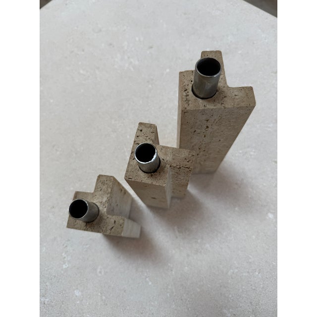 Elegant set of three Italian candleholders by C.L.A.M. (Cooperativa Lavorazione Artigiana Marmo), Marsciano, 1970s. Each...