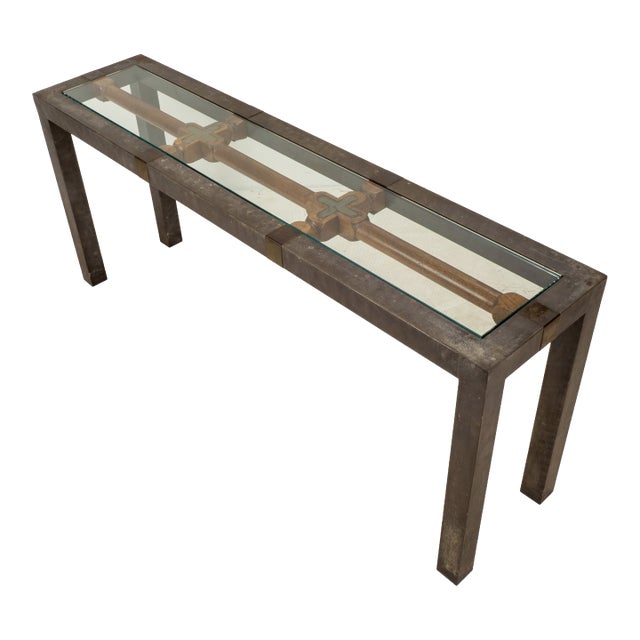 Vintage Brutalist Iron, Brass & Wood Console Table W/ Thick Beveled Glass Insert For Sale