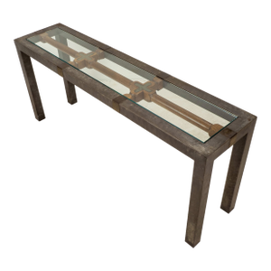 Vintage Brutalist Iron, Brass & Wood Console Table W/ Thick Beveled Glass Insert
