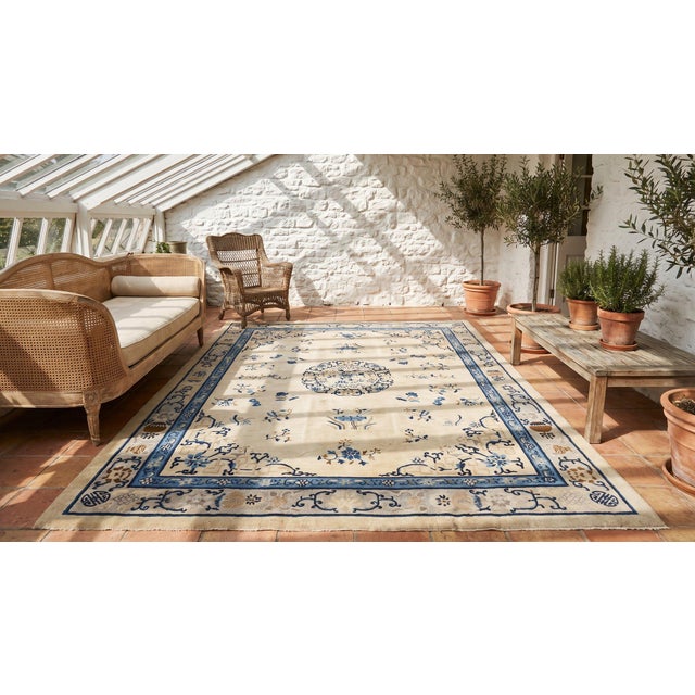 Room Size Ivory and Blue Color Classic Design Antique Chinese Peking Rug For Sale - Image 10 of 11