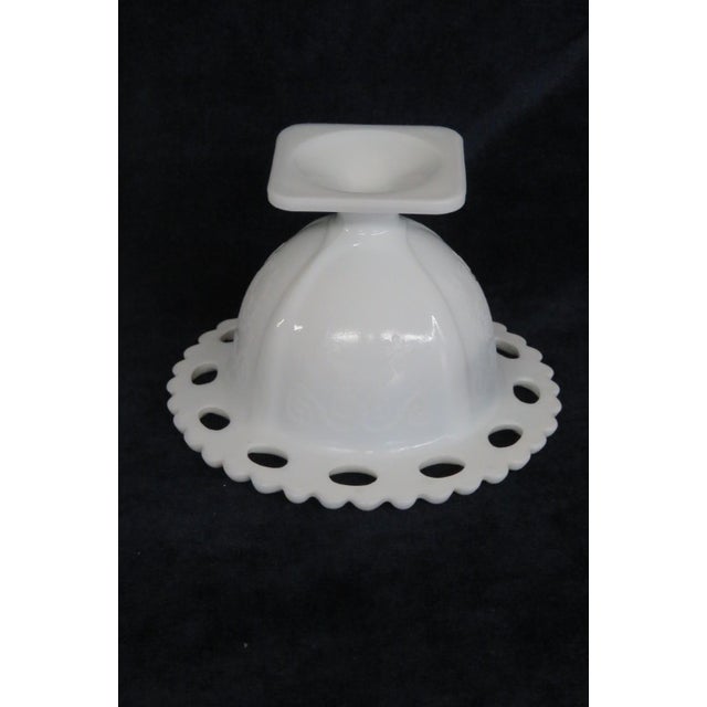 Indiana Glass Company Mid 20th Century Indiana Glass White Milk Glass Open Laced Edge Pedestal Compote Candy Dish For Sale - Image 4 of 8