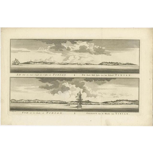 Antique print titled 'Vue de la Rde de Tinian Gezigt van de Rheede van Tinian (\.)'. Views of the south-west side of the...
