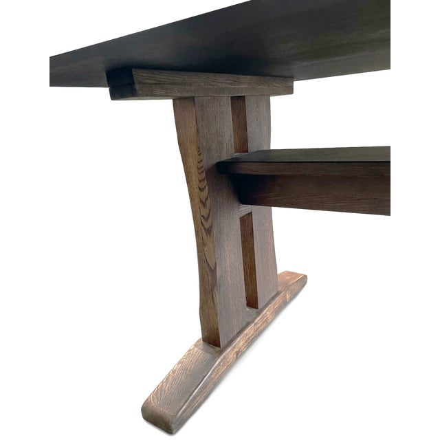 Rare 7-Piece Mid-Century Modern Japanese Dining Set With Tiger Oak Live-Edge Trestle Table & 6 Swivel Chairs For Sale - Image 9 of 13