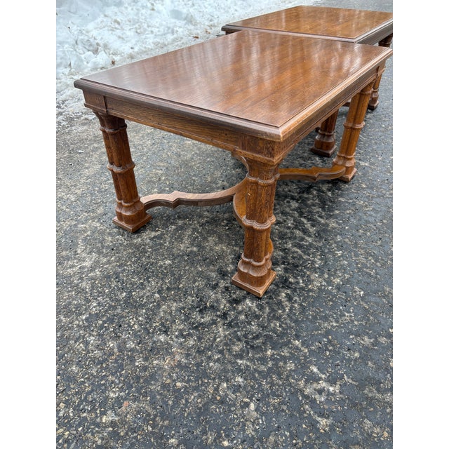 Pair of Drexel Guildhall Side Tables. Perfect to use as a coffee table as well lined up! Leg stretchers that attach to...