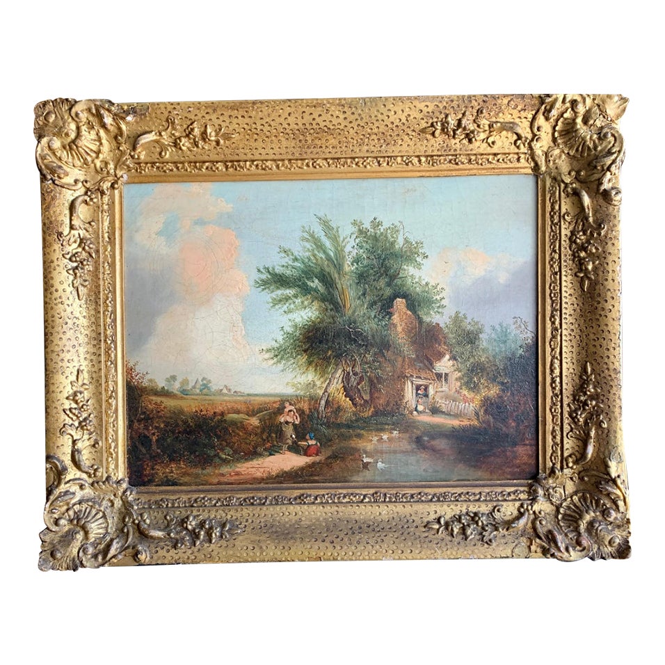 19th Century English Folk Art Cottage Landscape Painting With Figures ...