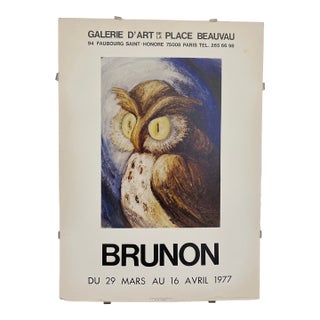 Vintage 1977 Brunon Exhibition Poster Paris Galerie d'Art De La Place Beauvau Owl Artwork For Sale
