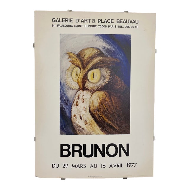Vintage 1977 Brunon Exhibition Poster Paris Galerie d'Art De La Place Beauvau Owl Artwork For Sale