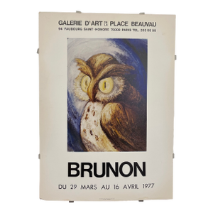 Vintage 1977 Brunon Exhibition Poster Paris Galerie d'Art De La Place Beauvau Owl Artwork