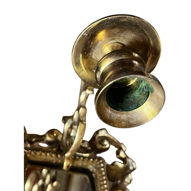 Victorian VTG Brass Set Pair Heavy Ornate Victorian 7.5” Wall Candle Holder Sconce Mirrors For Sale - Image 3 of 16