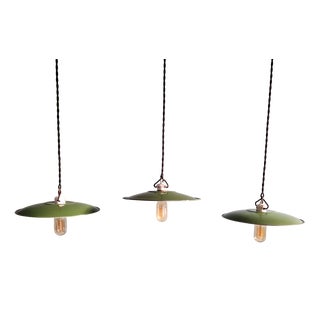 Vintage Industrial Pendant Lights in Green Enameled Sheet Metal and Porcelain, 1940s, Set of 3 For Sale
