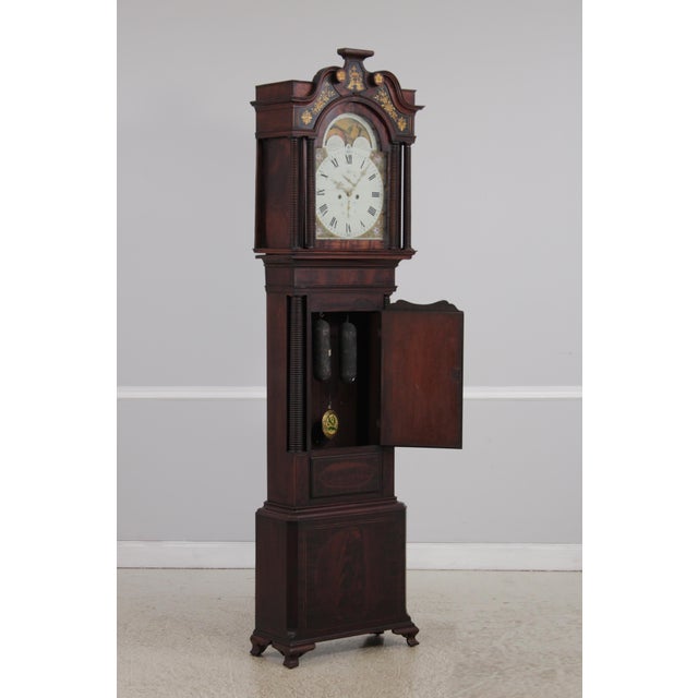 19th Century Antique 18th C. English 8 Day Flame Mahogany Grandfather Clock For Sale - Image 5 of 18