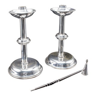 Pair of Vintage Candlesticks, English, Silver Plate, Snuffer Tool, Mid Century For Sale