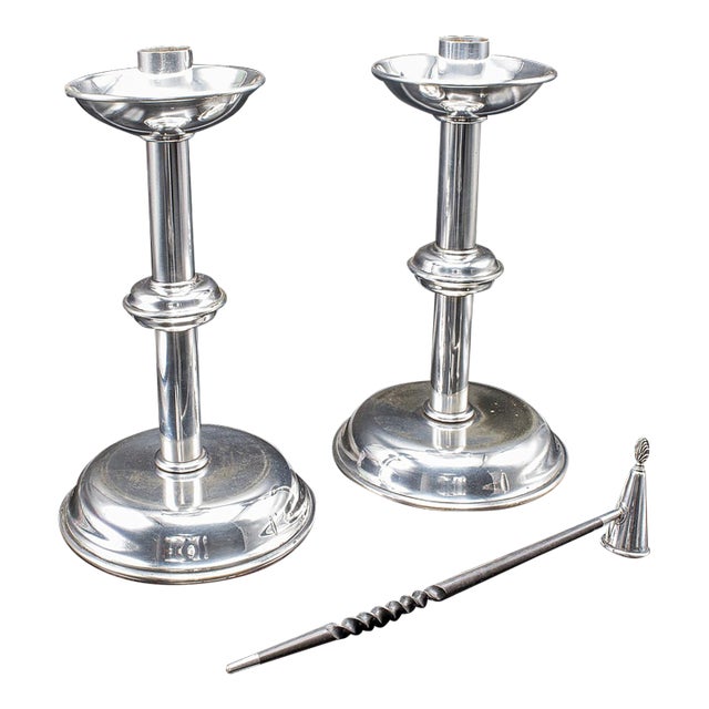 Pair of Vintage Candlesticks, English, Silver Plate, Snuffer Tool, Mid Century For Sale