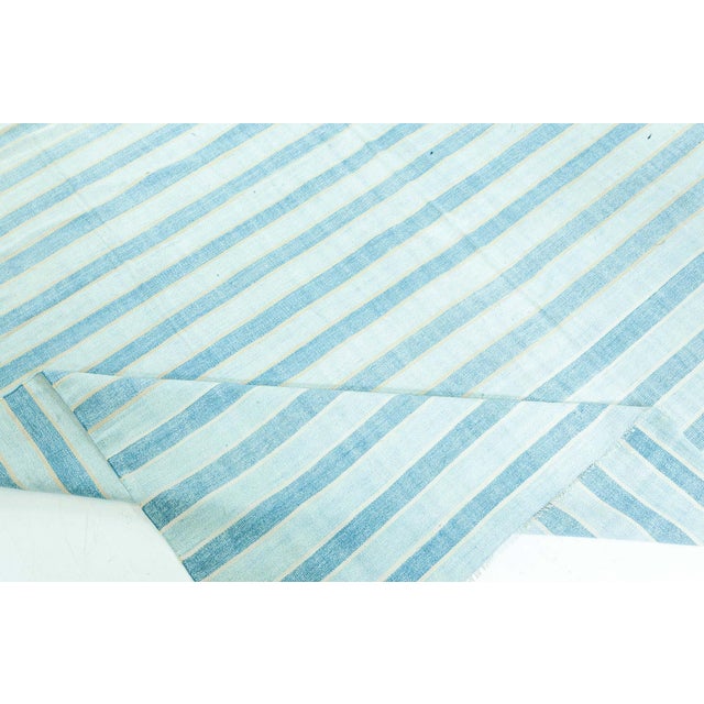 Textile Doris Leslie Blau Vintage Indian Dhurrie Striped Blue Rug For Sale - Image 7 of 9