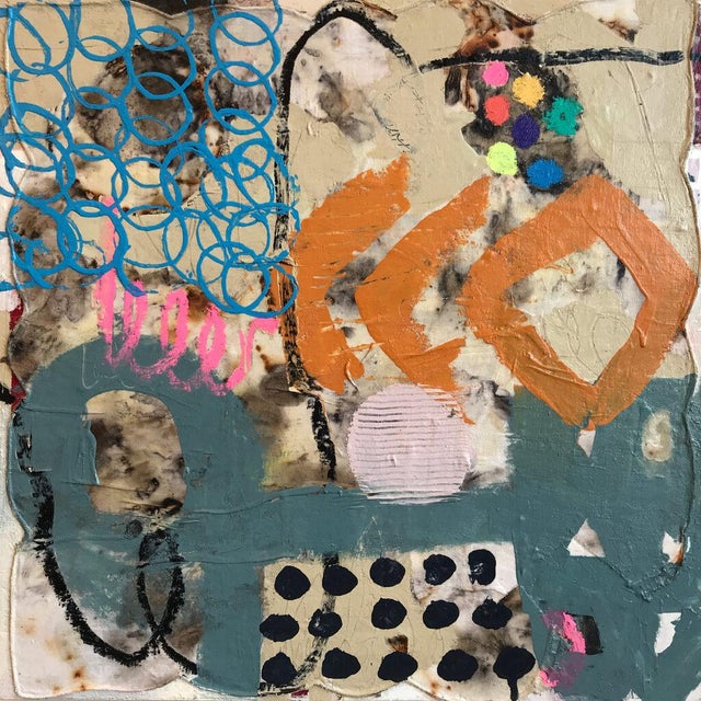 Abstract Christiane Corcelle "Pique-Nique Au Bord Du Lac" Mixed Media on Board, Framed Abstract Painting in Teal, Orange and Blue Loops, 2022 For Sale - Image 3 of 9