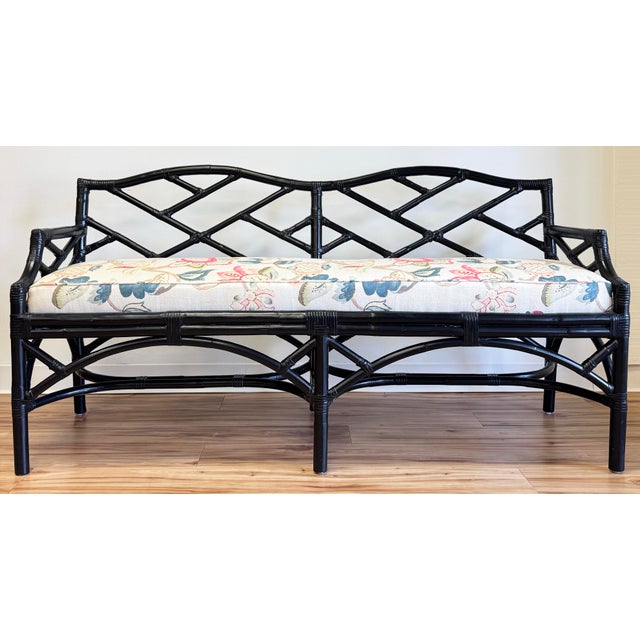 Rattan Chinoiserie Style fretwork bench featuring sturdy semigloss black frame with newly upholstered bench seat. Fabric...