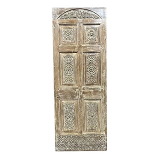 Vintage Carved Door Whitewash Wooden Brass Accent Door For Sale