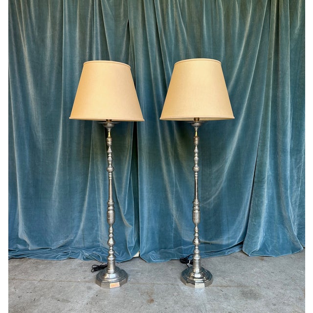 1940s French Nickel-Plated Floor Lamps With Hexagonal Shaped Bases - a Pair For Sale - Image 17 of 18