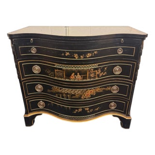 1960s Union National Chinoiserie Serpentine Chest in Black Lacquer With Gilded Decoration and Green Inset Top For Sale