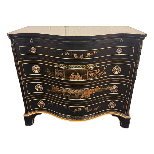 1960s Union National Chinoiserie Serpentine Chest in Black Lacquer With Gilded Decoration and Green Inset Top For Sale