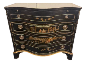 1960s Union National Chinoiserie Serpentine Chest in Black Lacquer With Gilded Decoration and Green Inset Top