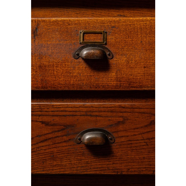 Antique Oak Mercantile Cabinet With Japanned Copper Hardware For Sale - Image 10 of 10