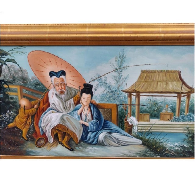 1980s Vintage Chinoiserie Pagoda Fishing Village Gold Leaf Framed Trumeau Oil Painted Wall Mirror For Sale - Image 5 of 6