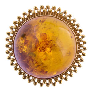 Mid 20th Century 18k Gold Oversized Amber Domed Handmade Filigree Ring, Size 6.5