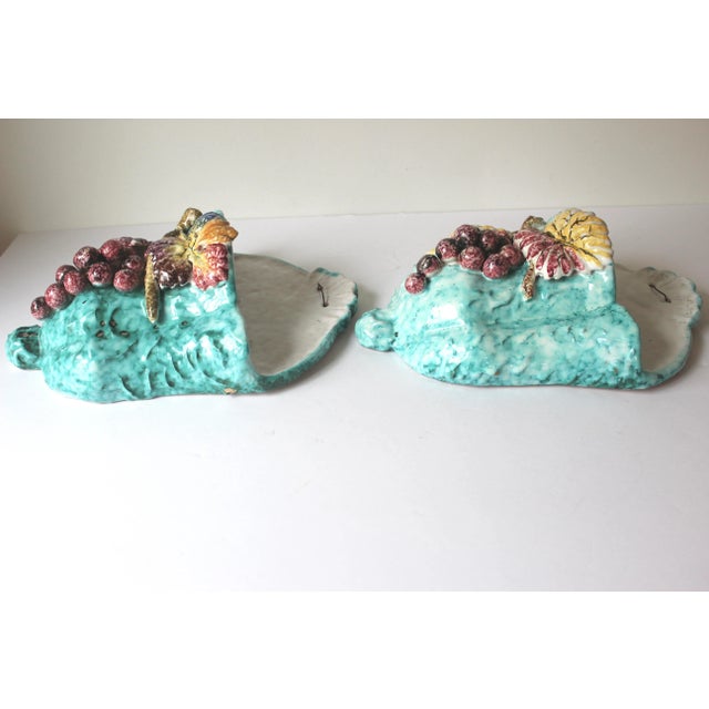 Pair of Italian Ceramic Majolica Pottery, Grapes, Aqua Turquoise Blue Wall Pocket Vase Planters For Sale - Image 10 of 11
