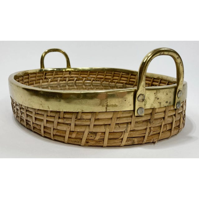 Mid-Century Modern Vintage Gabriella Crespi Style Brass Rim Coiled Rattan Tray For Sale - Image 3 of 7