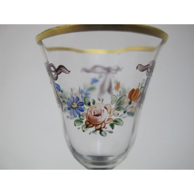 Vintage Hand Painted Colorful Flower & Ribbon Bows Gold Trim Cordial Glass For Sale - Image 4 of 7
