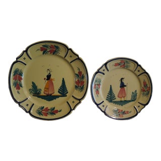 1930s French Henriot Quimper Soleil Yellow Plate Pair For Sale